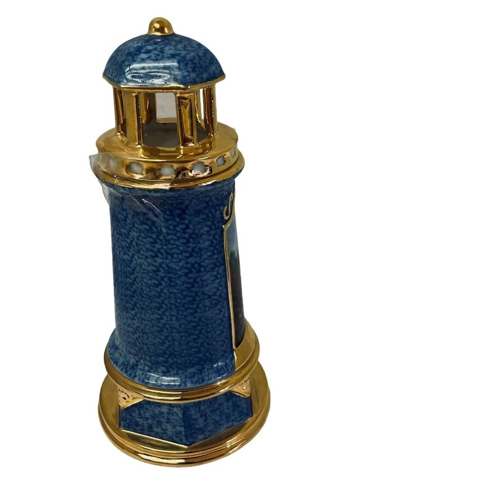 Thomas Kinkade 2004 Rock Lighthouse Battery Operated Light Ceramic Blue 8"‎